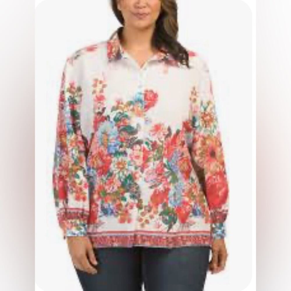 NEW Cynthia Rowley Plus Size 1X Linen Blend Floral Top Blouse Button Down Career